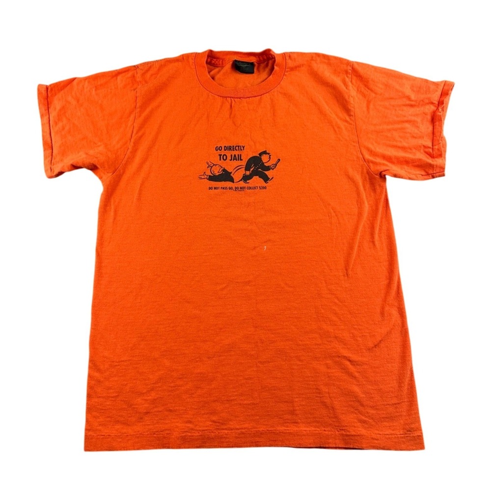 Vintage Monopoly "Go Directly To Jail" T-Shirt L Orange Board Game 2001 USA Made